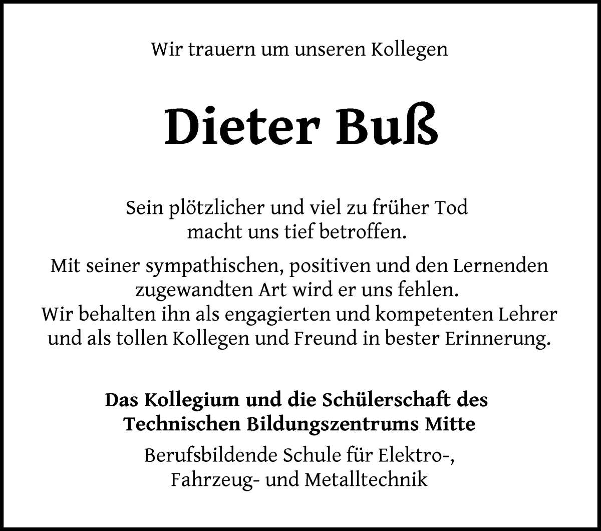 Traueranzeige von Dieter Buß von Wuemme Zeitung