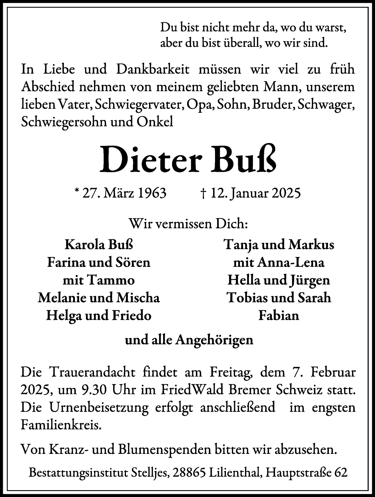 Traueranzeige von Dieter Buß von WESER-KURIER