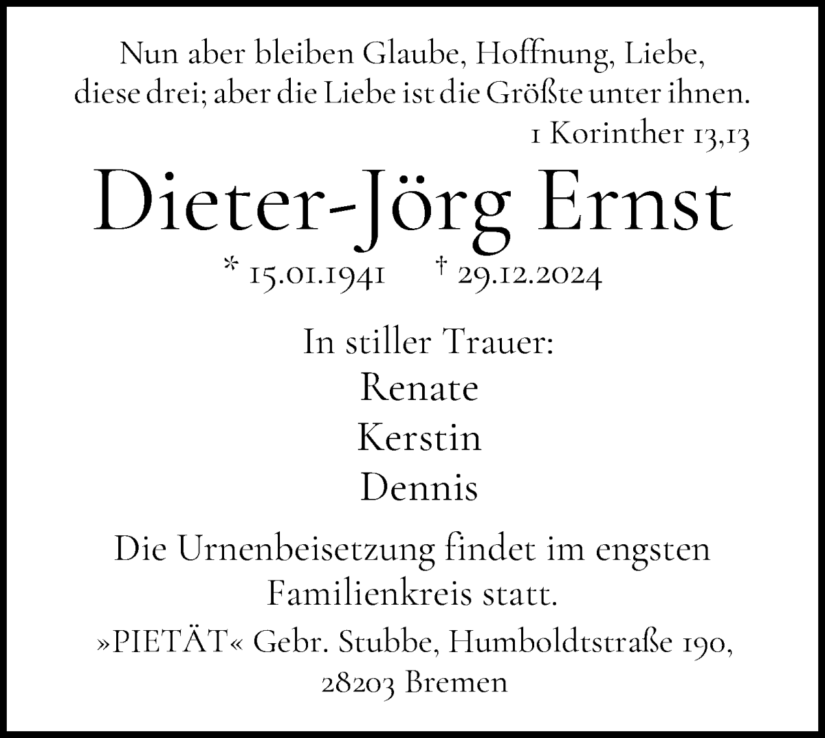 Traueranzeige von Dieter-Jörg Ernst von WESER-KURIER