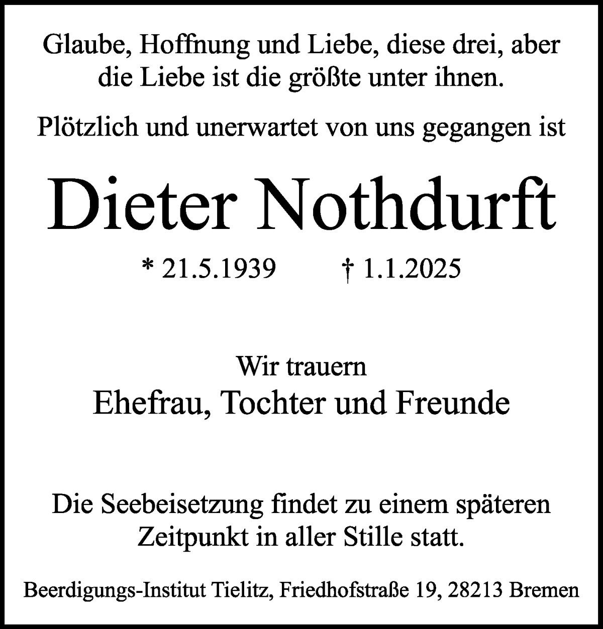 Traueranzeige von Dieter Nothdurft von WESER-KURIER