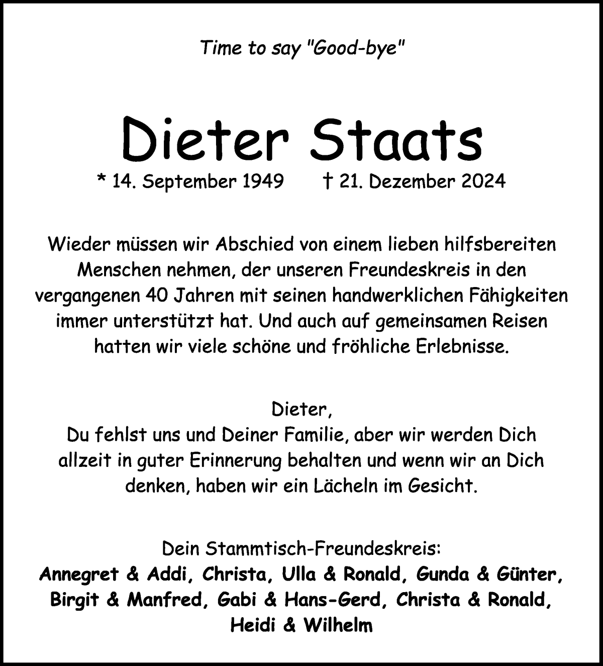 Traueranzeige von Dieter Staats von WESER-KURIER