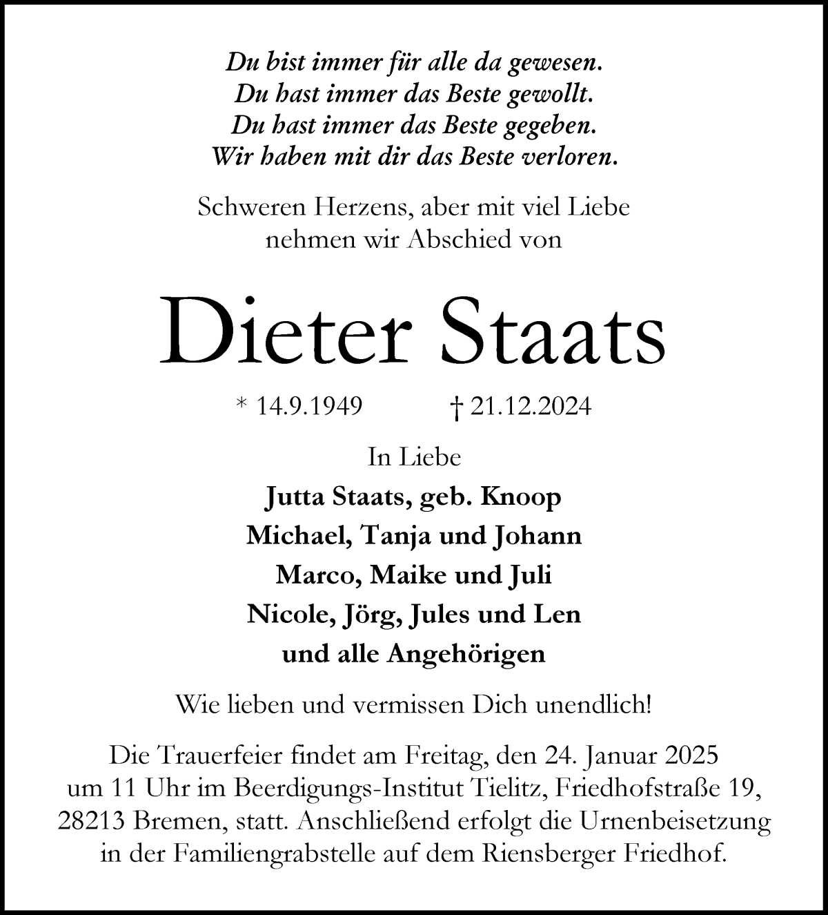 Traueranzeige von Dieter Staats von WESER-KURIER