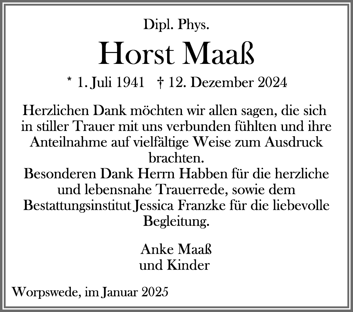 Traueranzeige von Dipl. Phys. Horst Maaß von Wuemme Zeitung