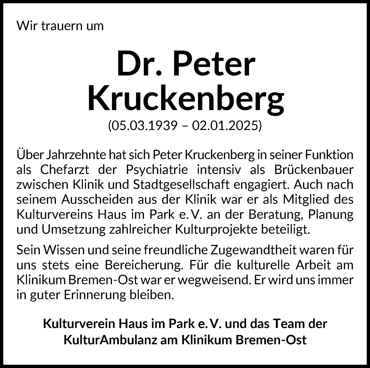 Traueranzeige von Dr. Peter Kruckenberg von WESER-KURIER