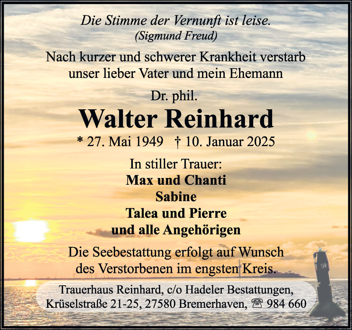 Traueranzeige von Dr. phil. Walter Reinhard von WESER-KURIER