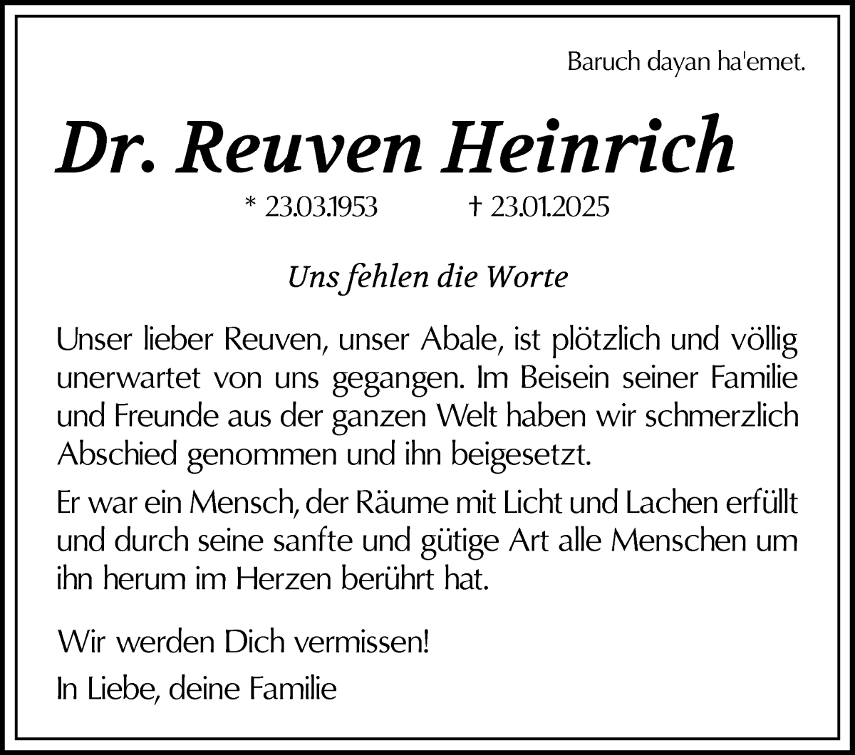 Traueranzeige von Dr. Reuven Heinrich von WESER-KURIER