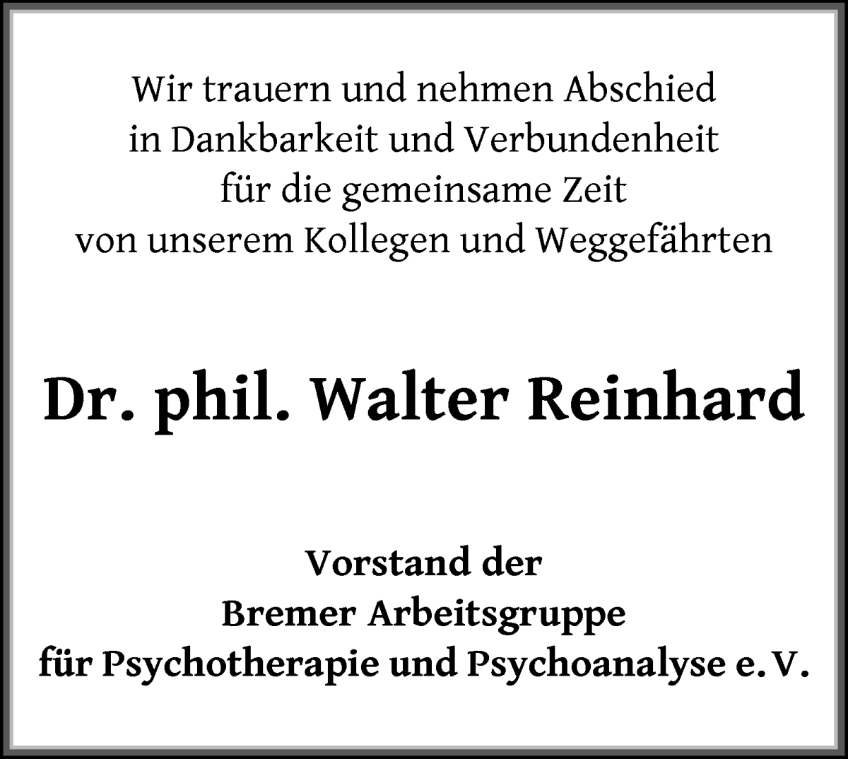 Traueranzeige von Dr. Walter Reinhard von WESER-KURIER