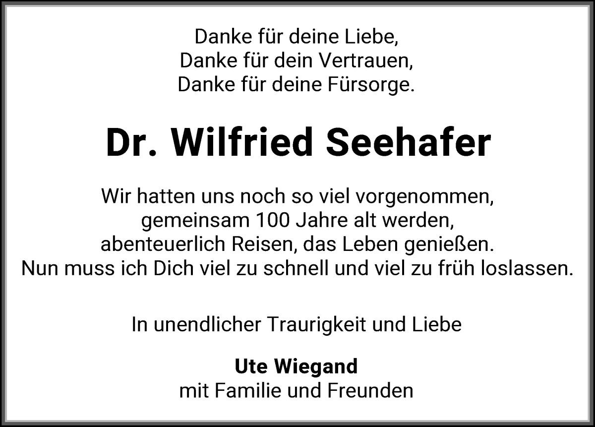 Traueranzeige von Dr. Wilfried Seehafer von WESER-KURIER