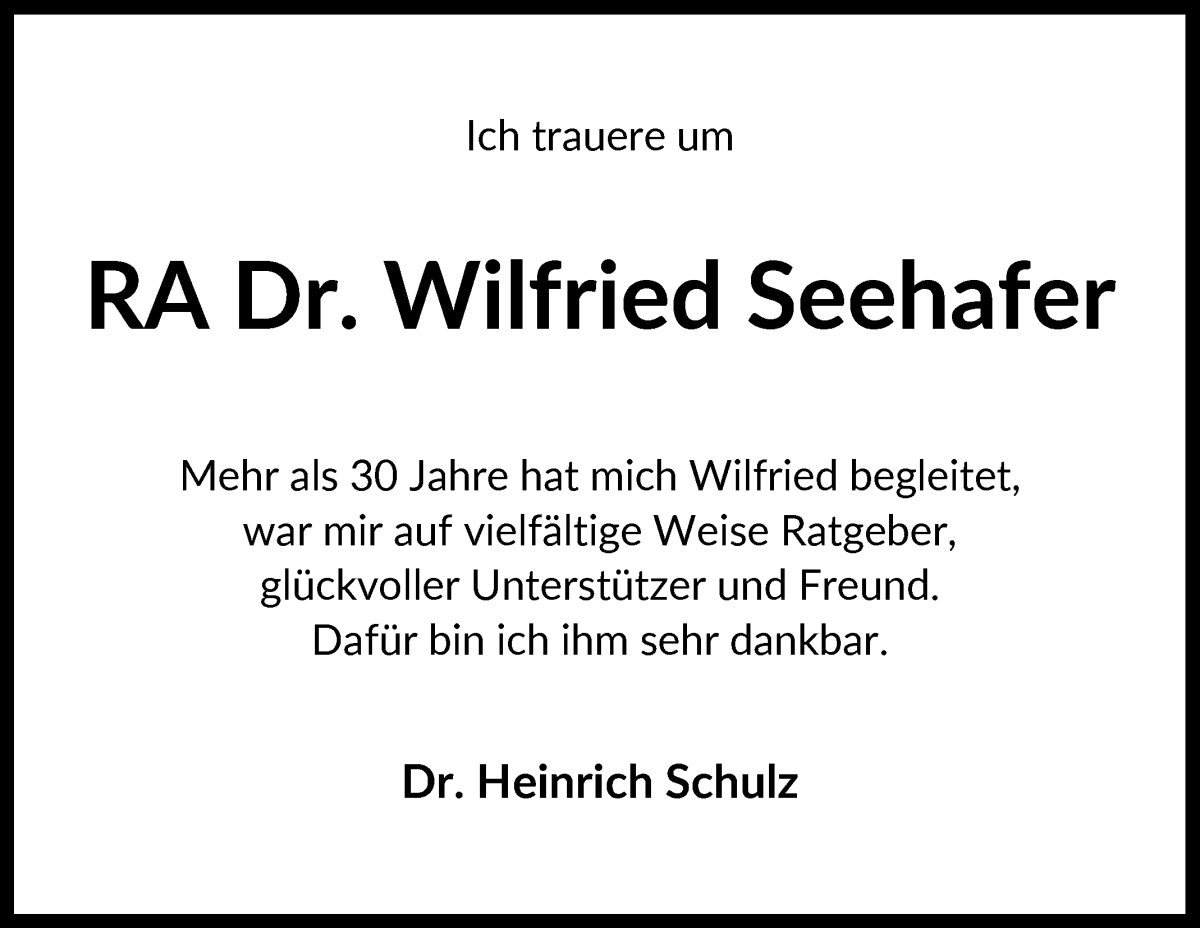 Traueranzeige von Dr. Wilfried Seehafer von WESER-KURIER