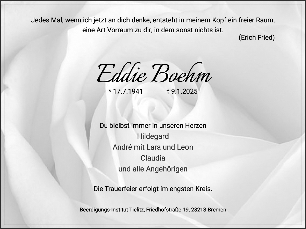 Traueranzeige von Eddie Boehm von WESER-KURIER