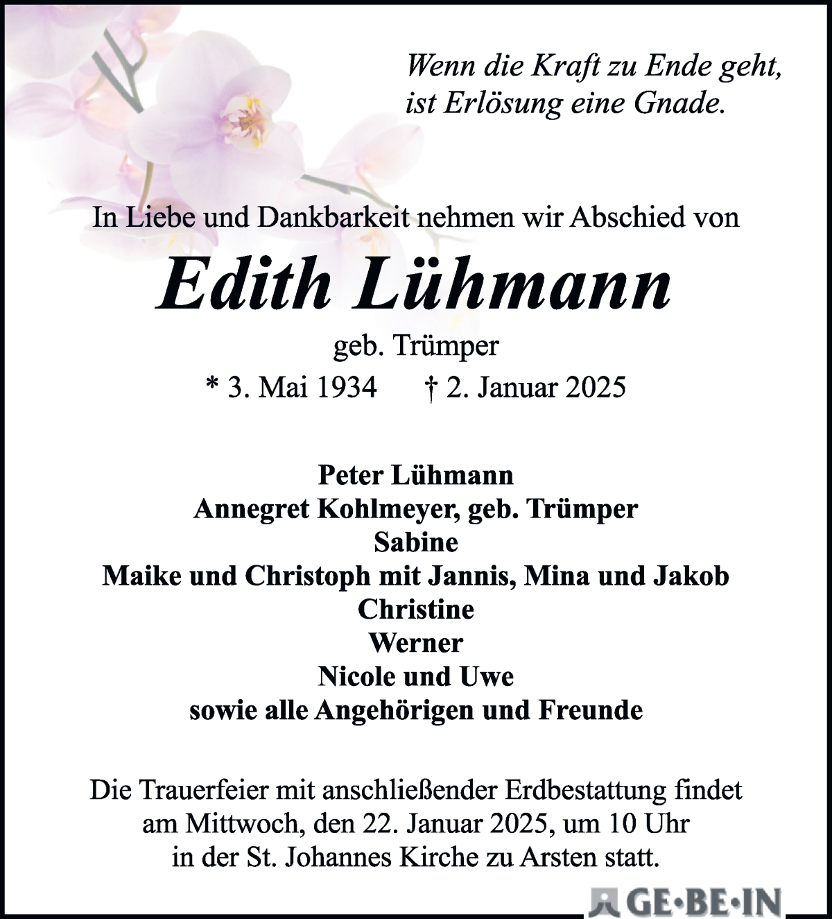 Traueranzeige von Edith Lühmann von WESER-KURIER