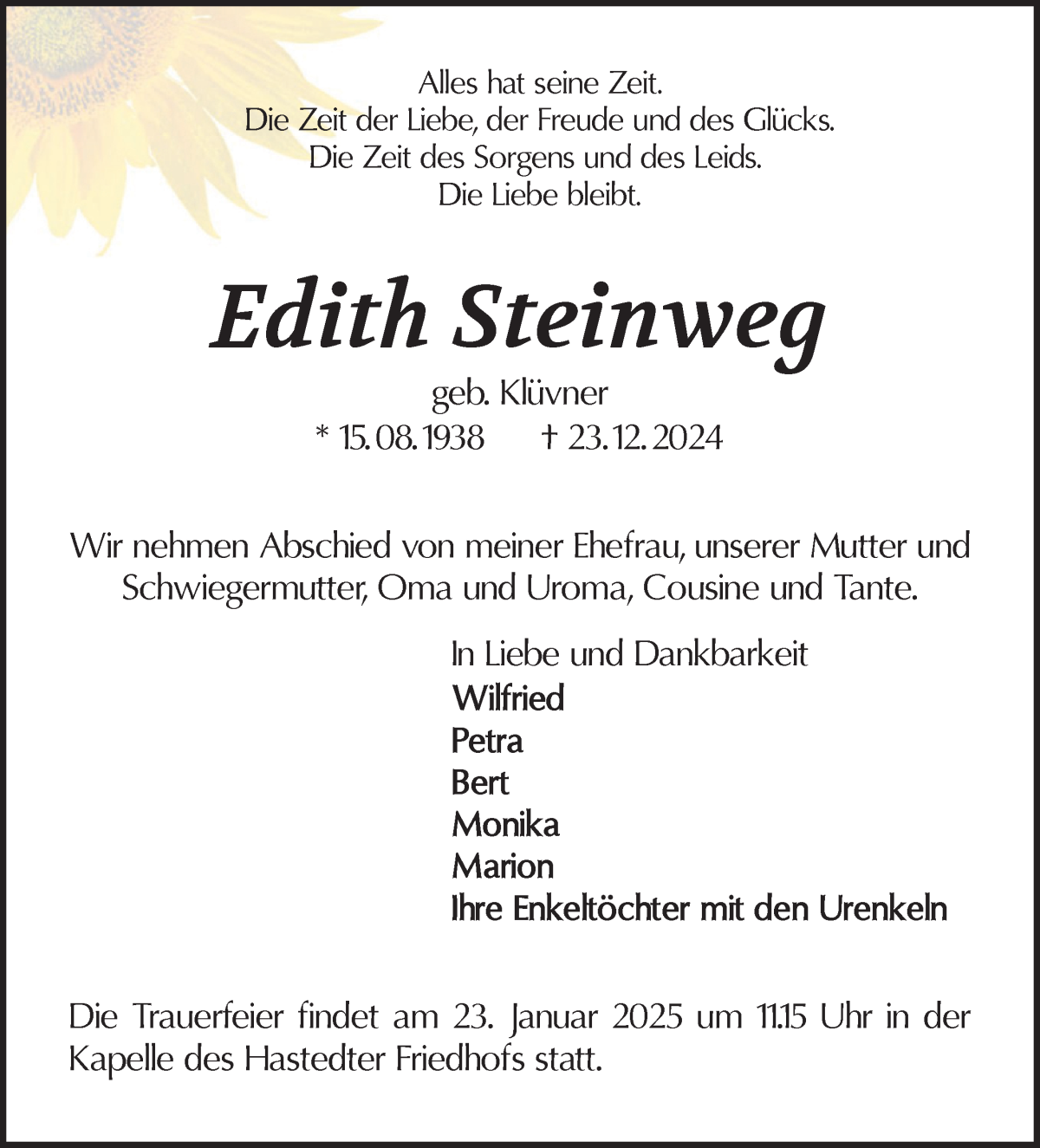 Traueranzeige von Edith Steinweg von WESER-KURIER