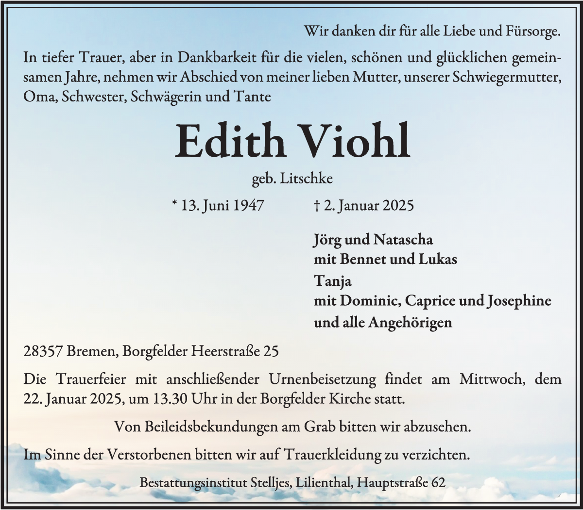 Traueranzeige von Edith Viohl von Wuemme Zeitung
