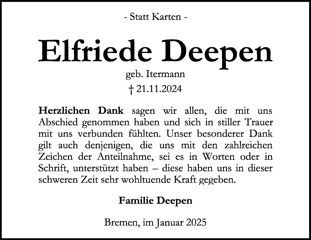 Traueranzeige von Elfriede Deepen von WESER-KURIER