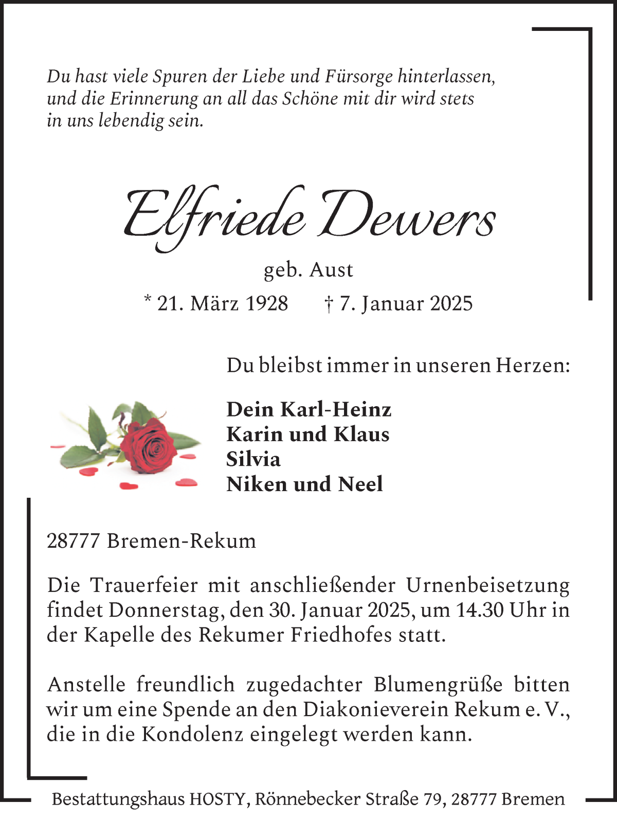 Traueranzeige von Elfriede Dewers von Die Norddeutsche