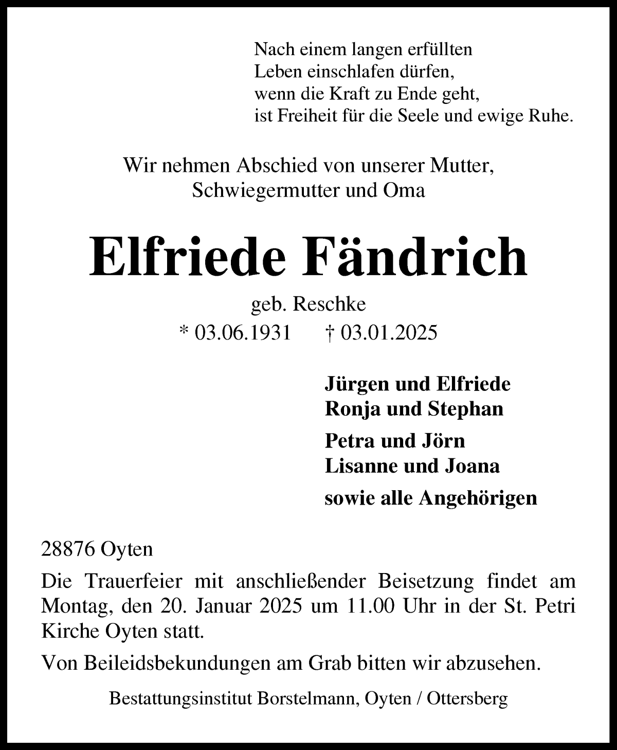 Traueranzeige von Elfriede Fändrich von WESER-KURIER