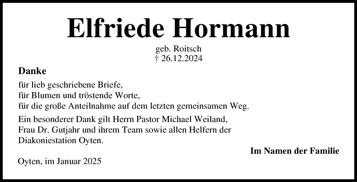 Traueranzeige von Elfriede Hormann von Achimer Kurier/Verdener Nachrichten