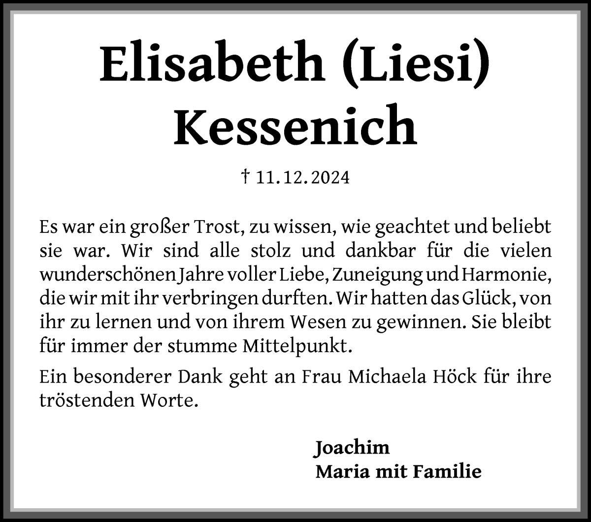 Traueranzeige von Elisabeth (Liesi) Kessenich von Die Norddeutsche