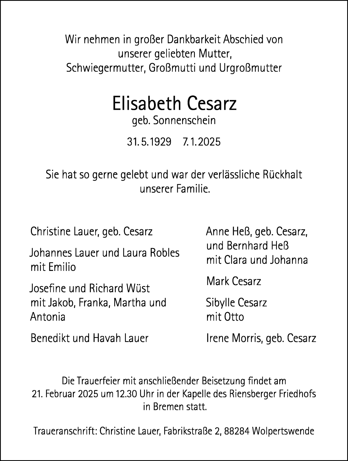 Traueranzeige von Elisabeth Cesarz von WESER-KURIER