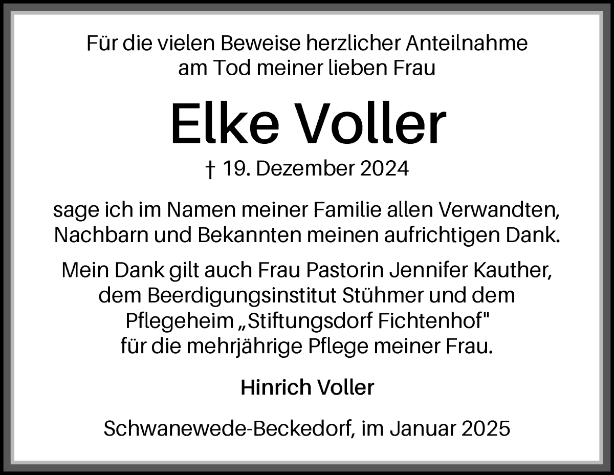 Traueranzeige von Elke Voller von Die Norddeutsche
