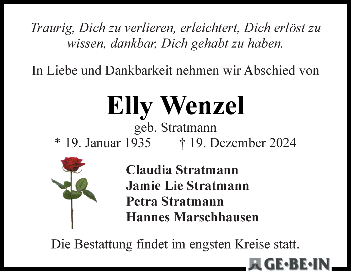 Traueranzeige von Elly Wenzel von WESER-KURIER