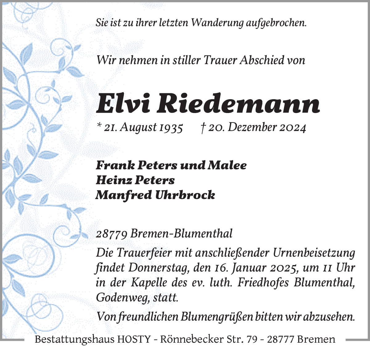 Traueranzeige von Elvi Riedemann von Die Norddeutsche