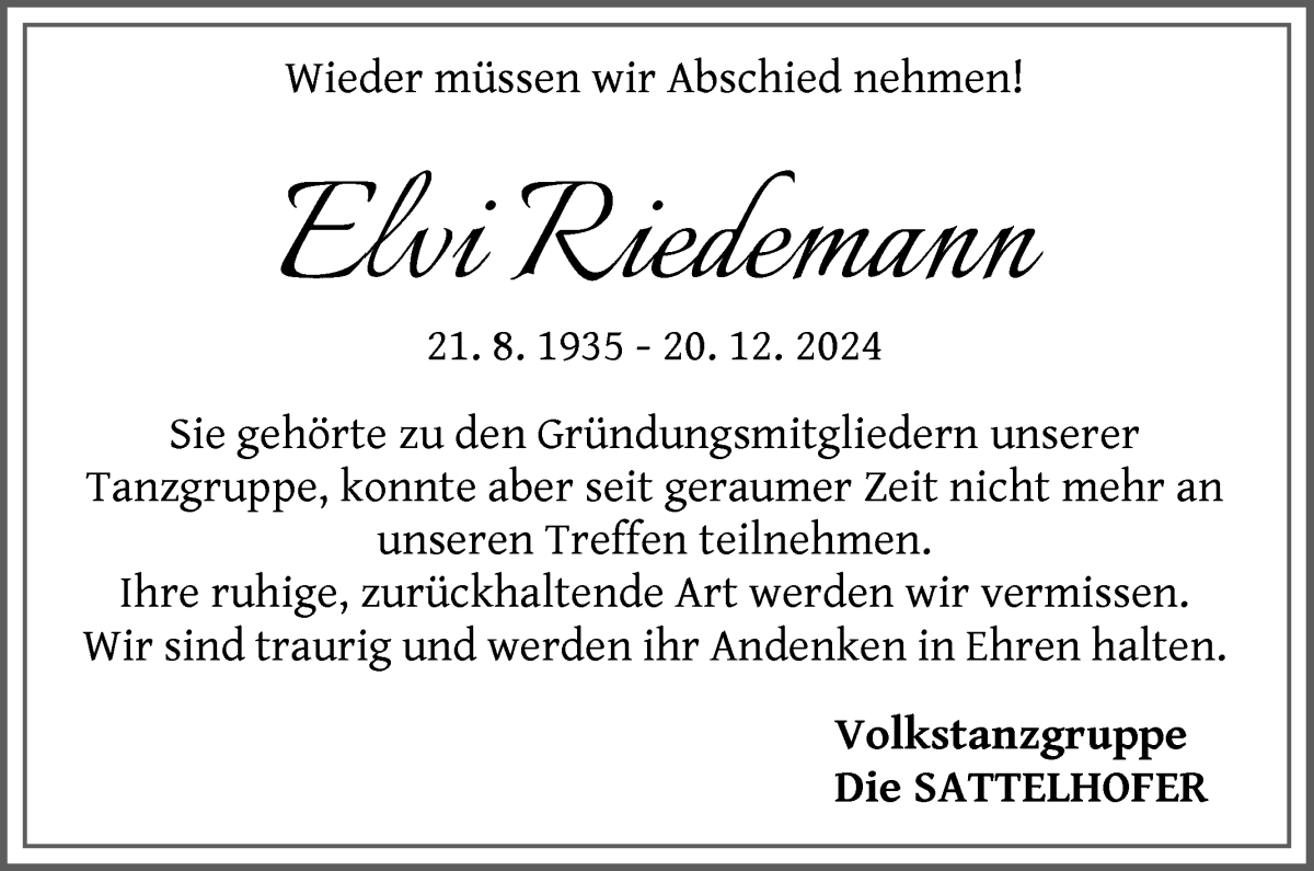 Traueranzeige von Elvi Riedemann von Die Norddeutsche