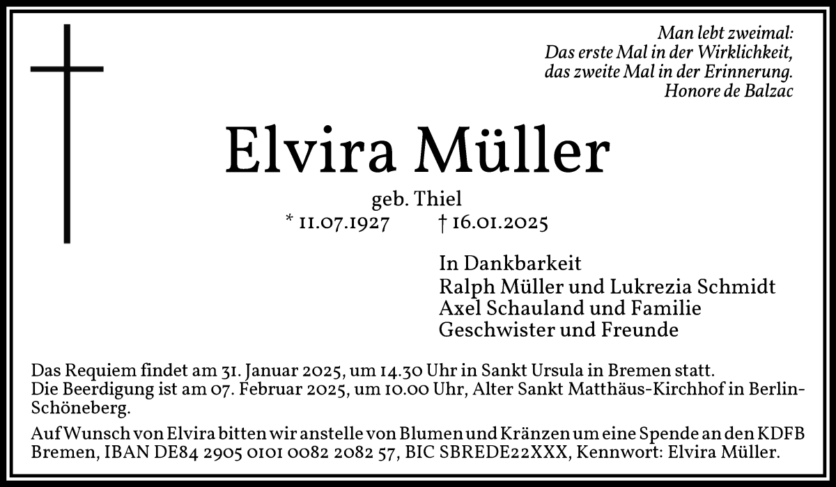 Traueranzeige von Elvira Müller von WESER-KURIER
