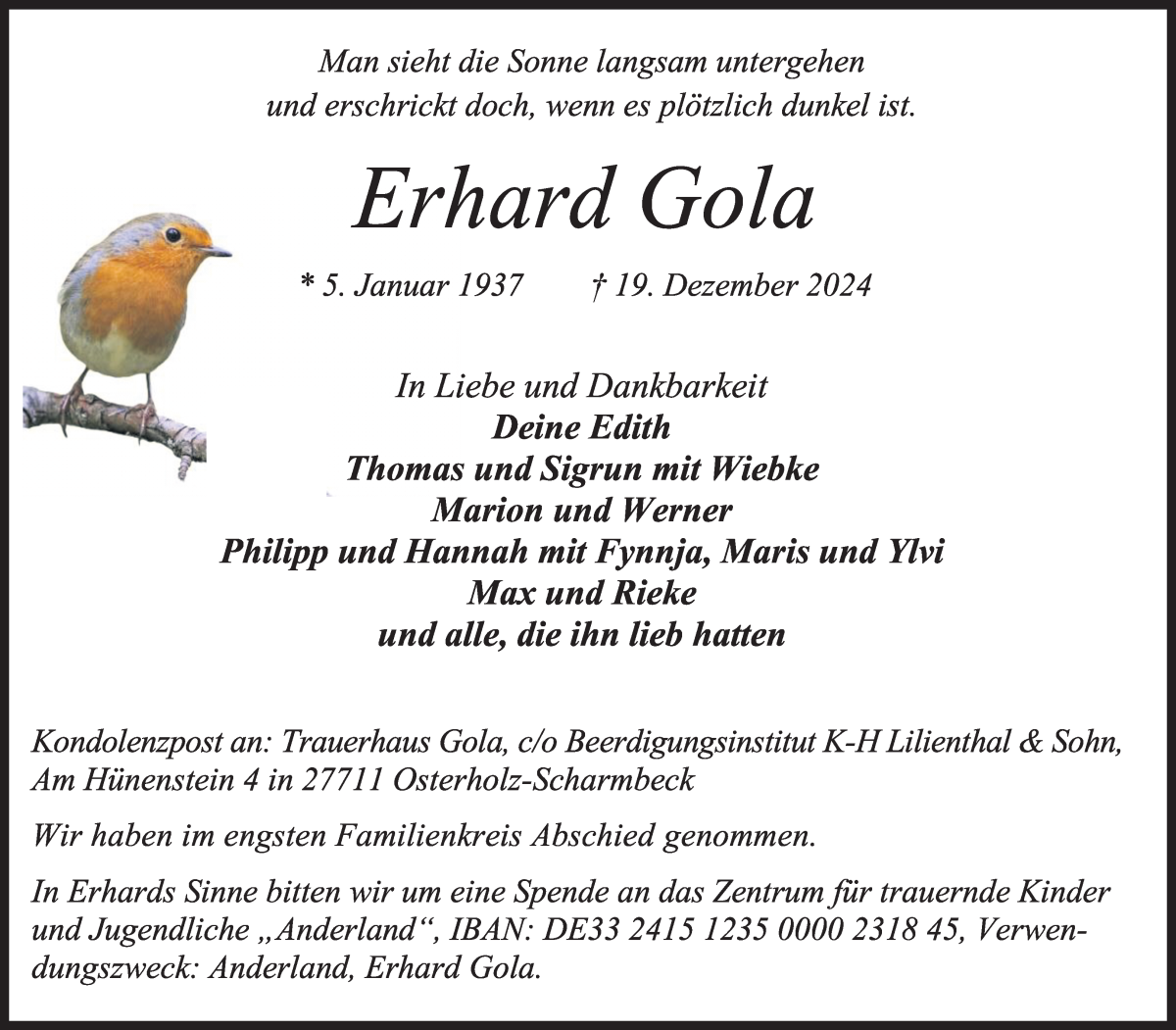 Traueranzeige von Erhard Gola von Osterholzer Kreisblatt