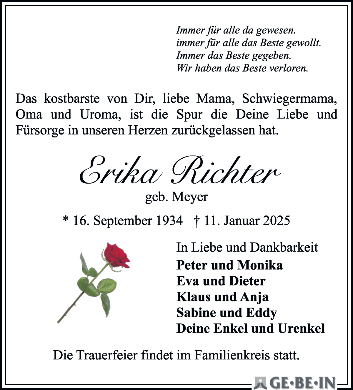 Traueranzeige von Erika Richter von WESER-KURIER