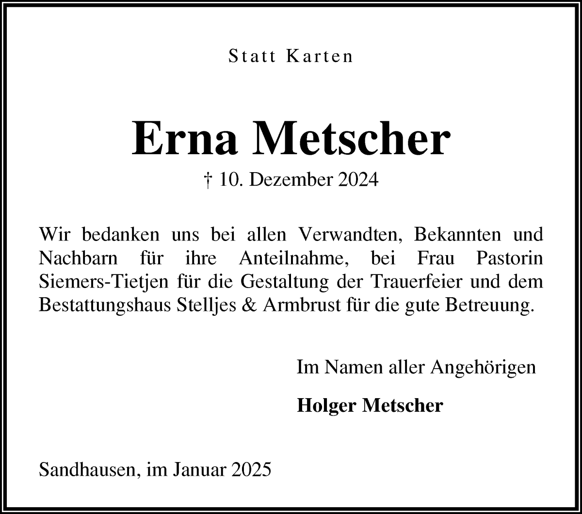 Traueranzeige von Erna Metscher von Osterholzer Kreisblatt