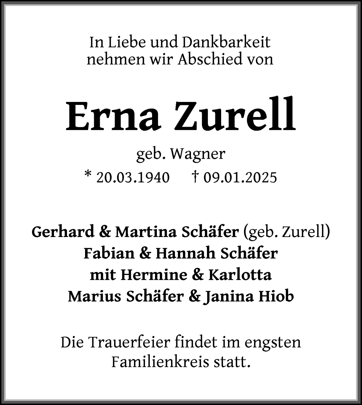 Traueranzeige von Erna Zurell von WESER-KURIER