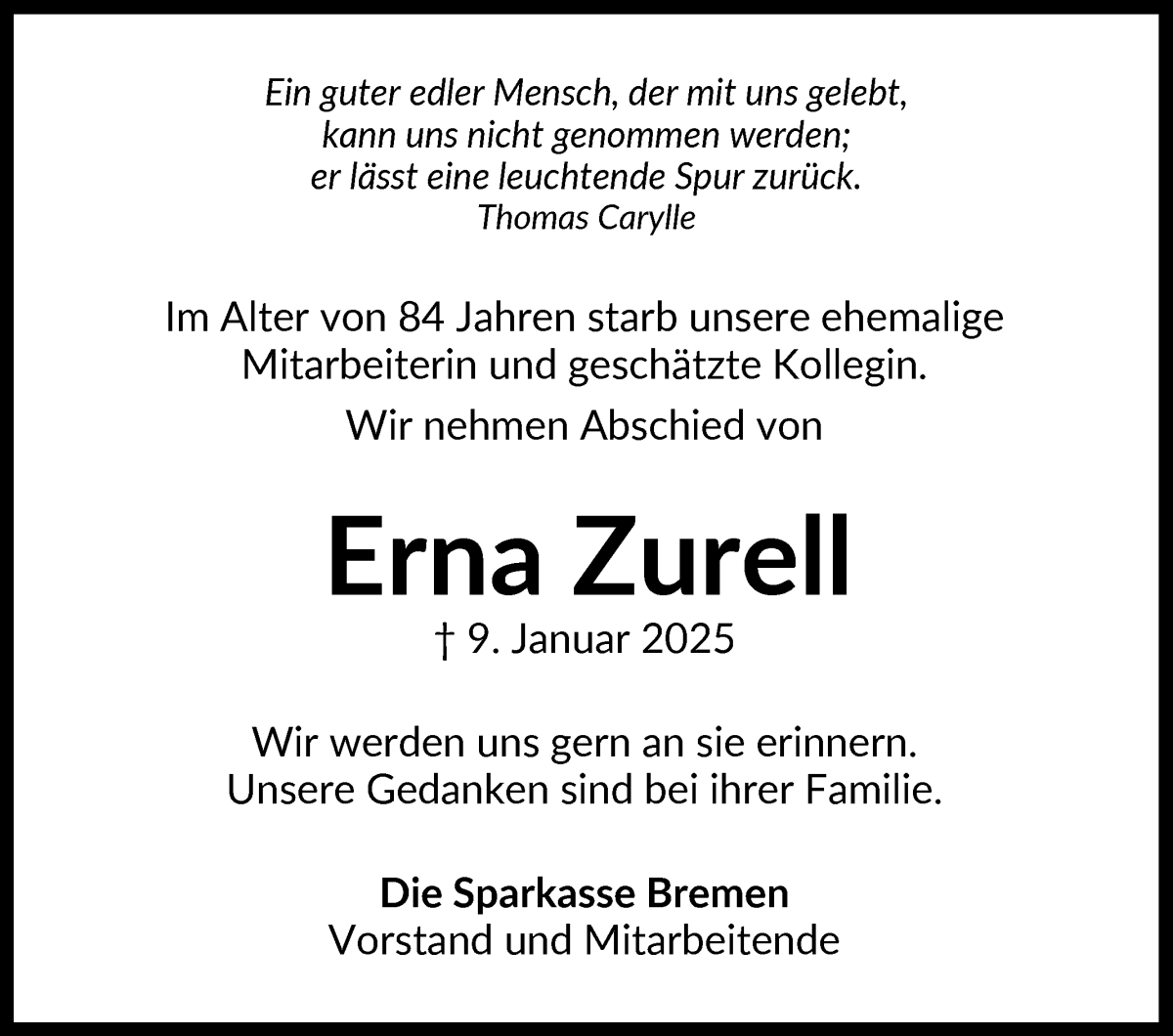 Traueranzeige von Erna Zurell von WESER-KURIER
