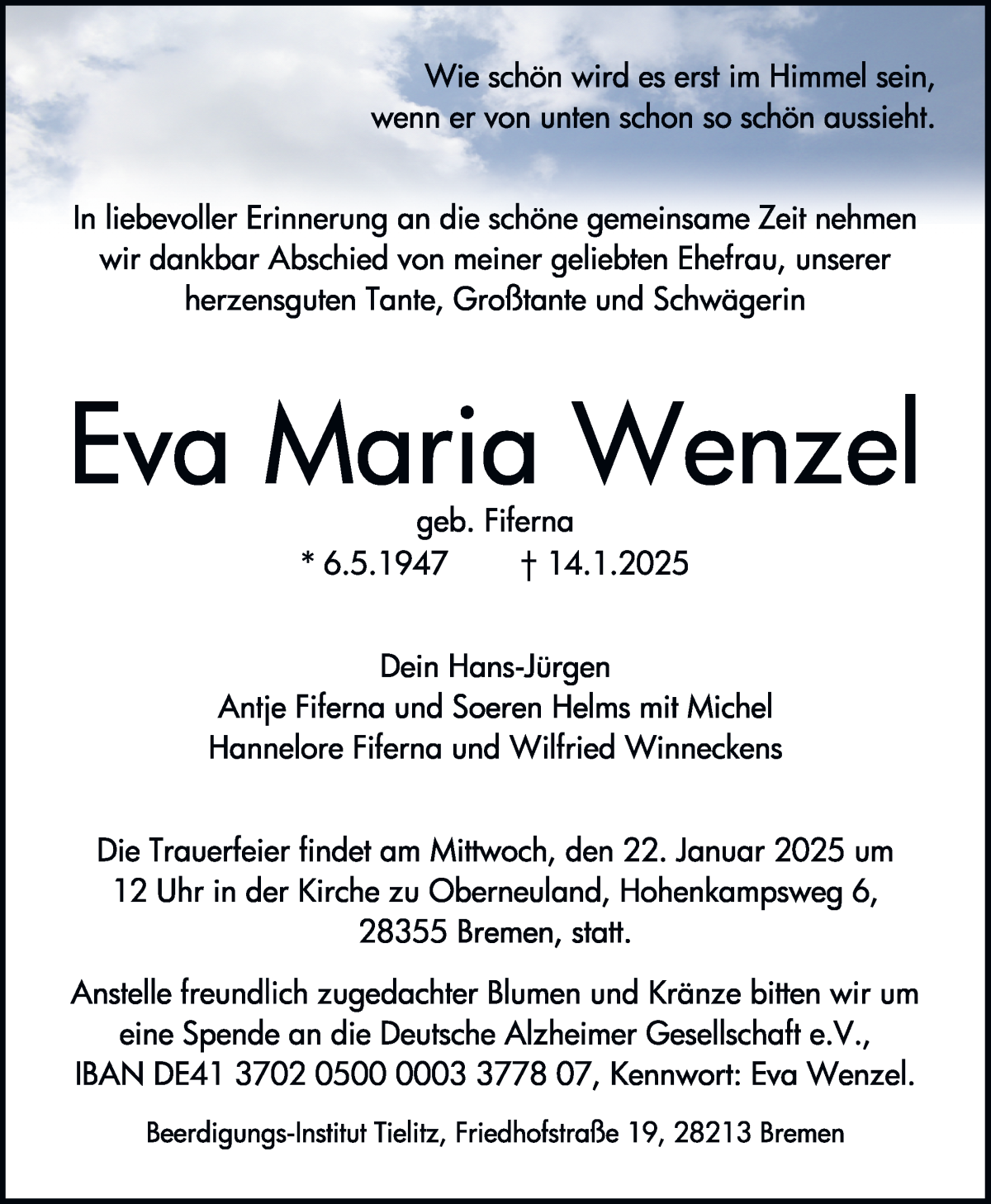Traueranzeige von Eva Maria Wenzel von WESER-KURIER