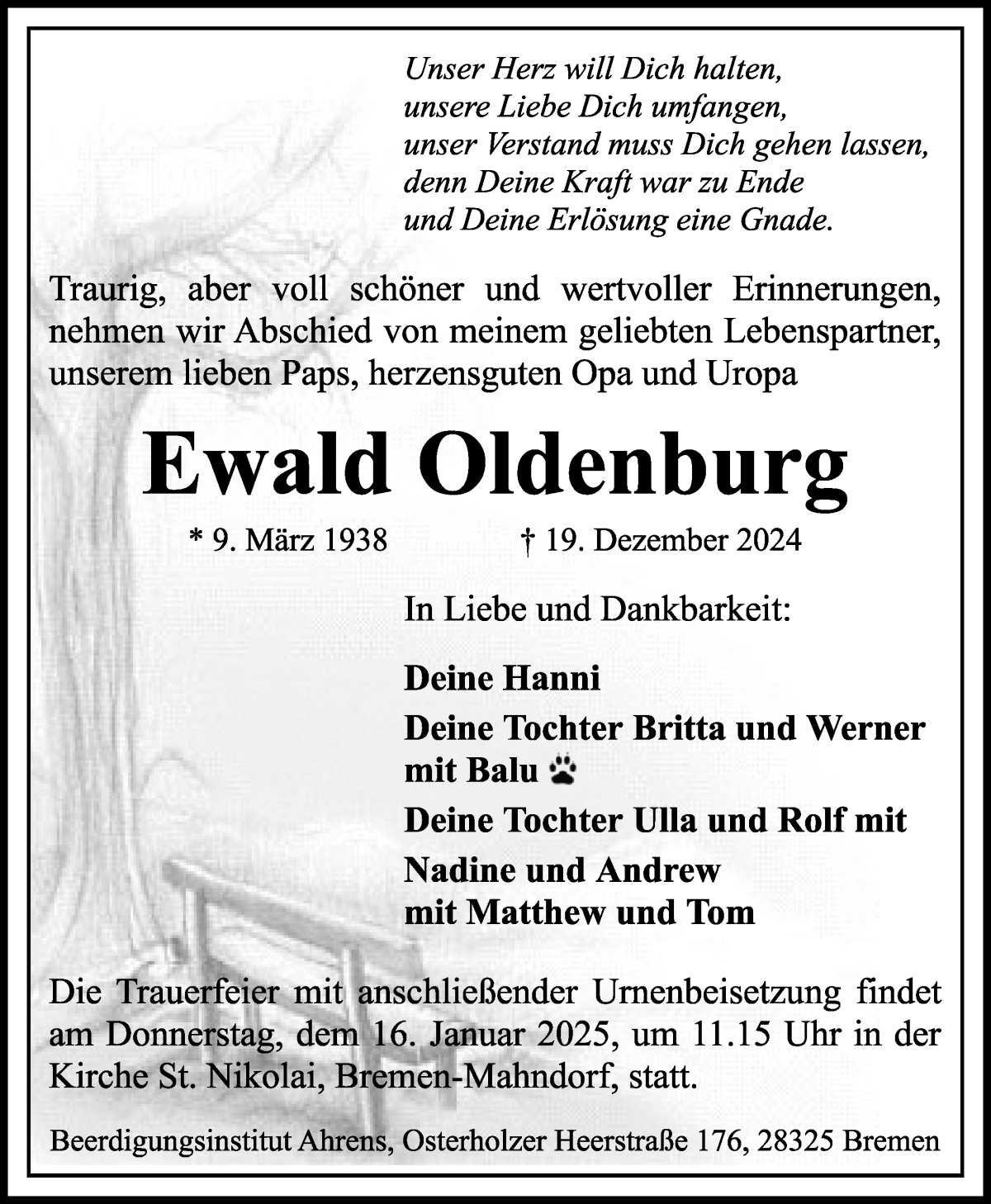 Traueranzeige von Ewald Oldenburg von WESER-KURIER