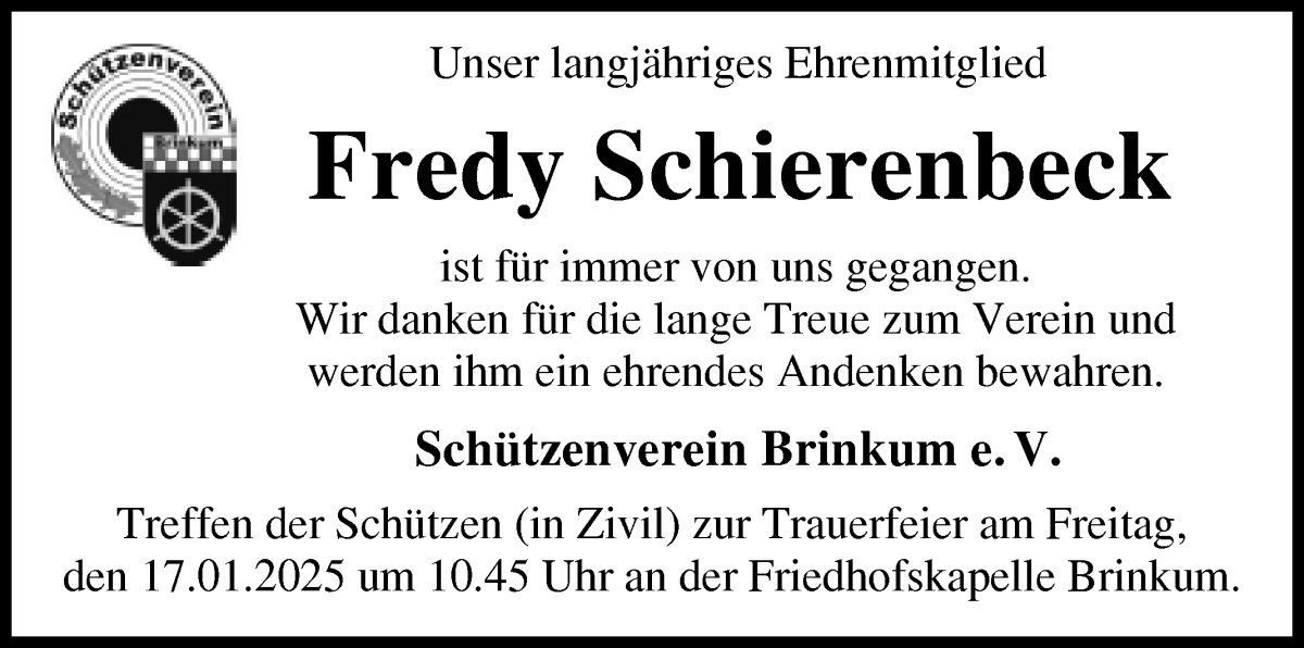 Traueranzeige von Fredy Schierenbeck von Regionale Rundschau/Syker Kurier