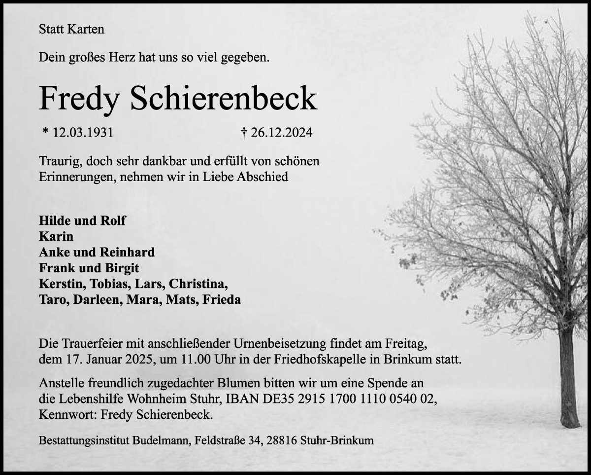 Traueranzeige von Fredy Schierenbeck von Regionale Rundschau/Syker Kurier