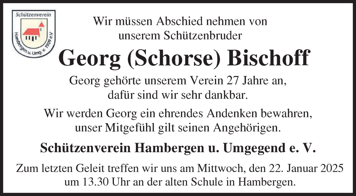 Traueranzeige von Georg Bischoff von Osterholzer Kreisblatt