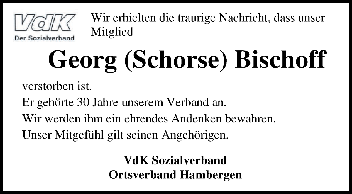 Traueranzeige von Georg Bischoff von Osterholzer Kreisblatt