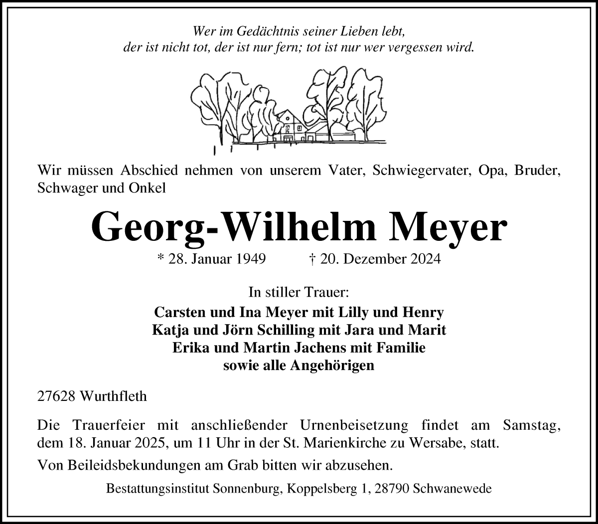 Traueranzeige von Georg-Wilhelm Meyer von Die Norddeutsche