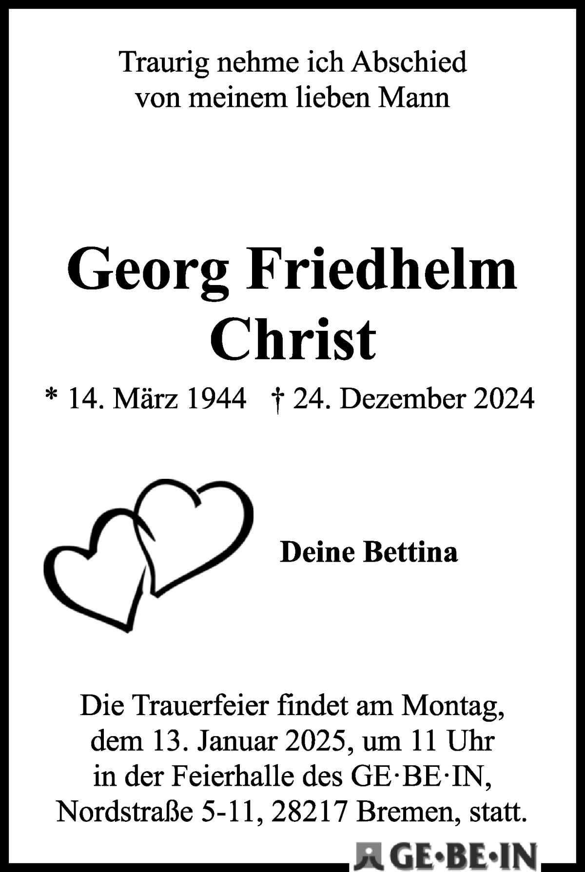 Traueranzeige von Georg Friedhelm Christ von WESER-KURIER