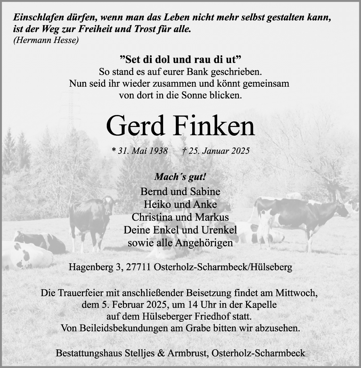 Traueranzeige von Gerd Finken von Osterholzer Kreisblatt