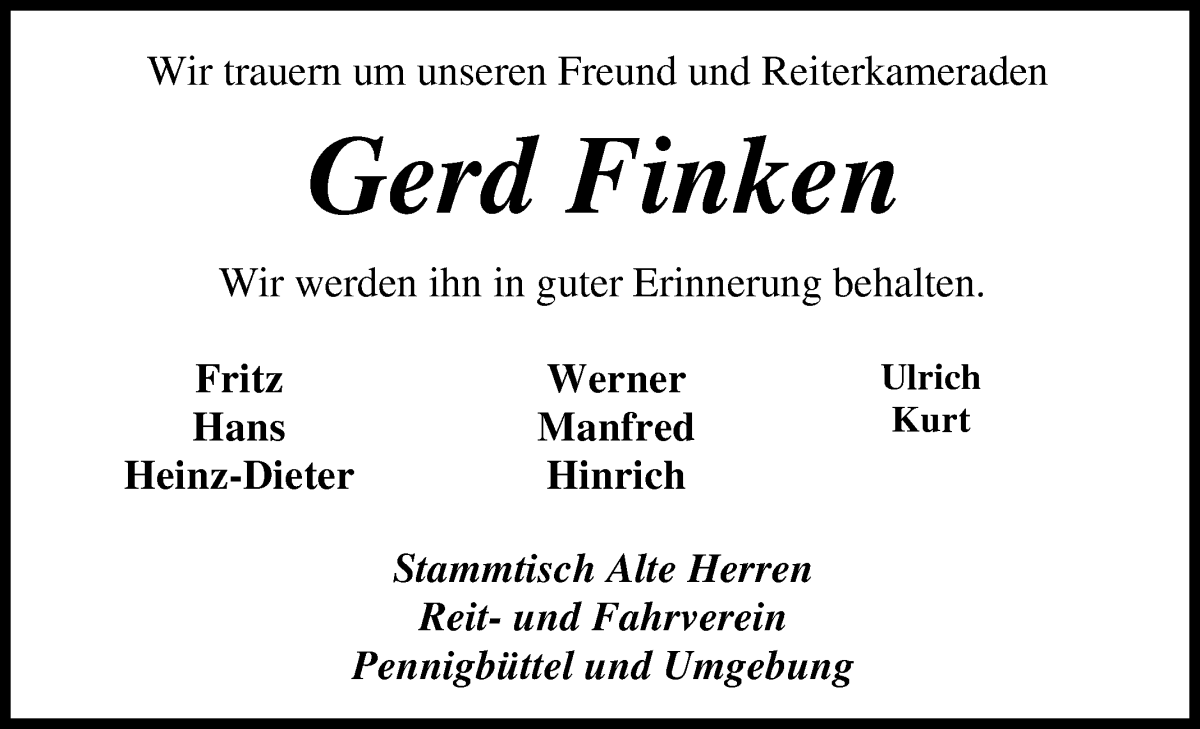Traueranzeige von Gerd Finken von Osterholzer Kreisblatt