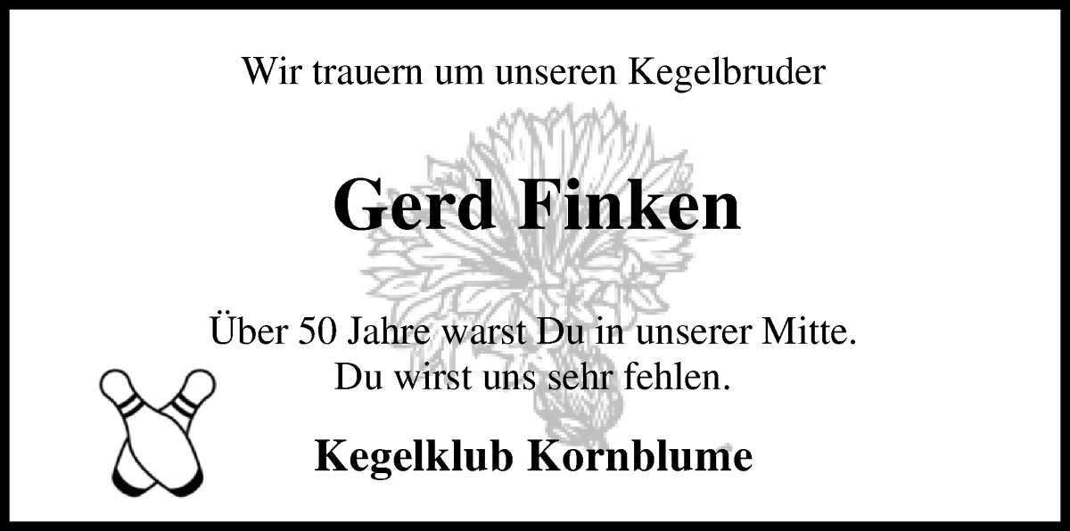 Traueranzeige von Gerd Finken von Osterholzer Kreisblatt