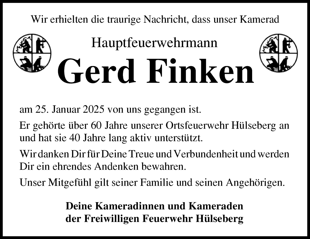 Traueranzeige von Gerd Finken von Osterholzer Kreisblatt