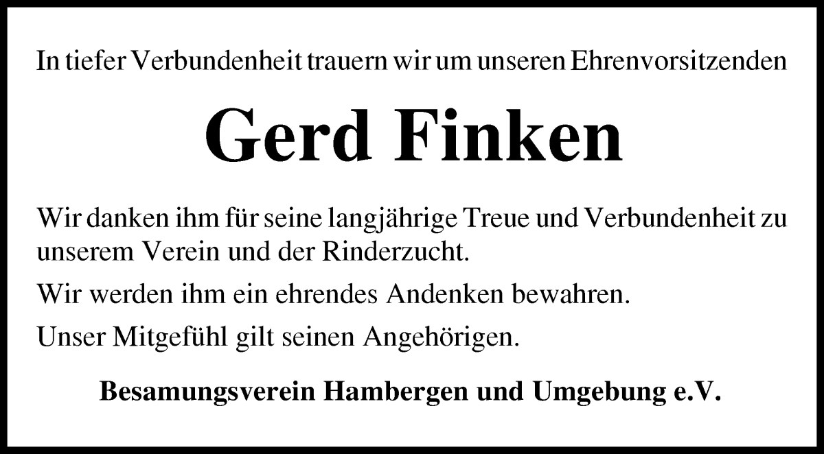 Traueranzeige von Gerd Finken von Osterholzer Kreisblatt