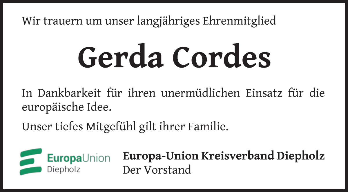 Traueranzeige von Gerda Cordes von Regionale Rundschau/Syker Kurier