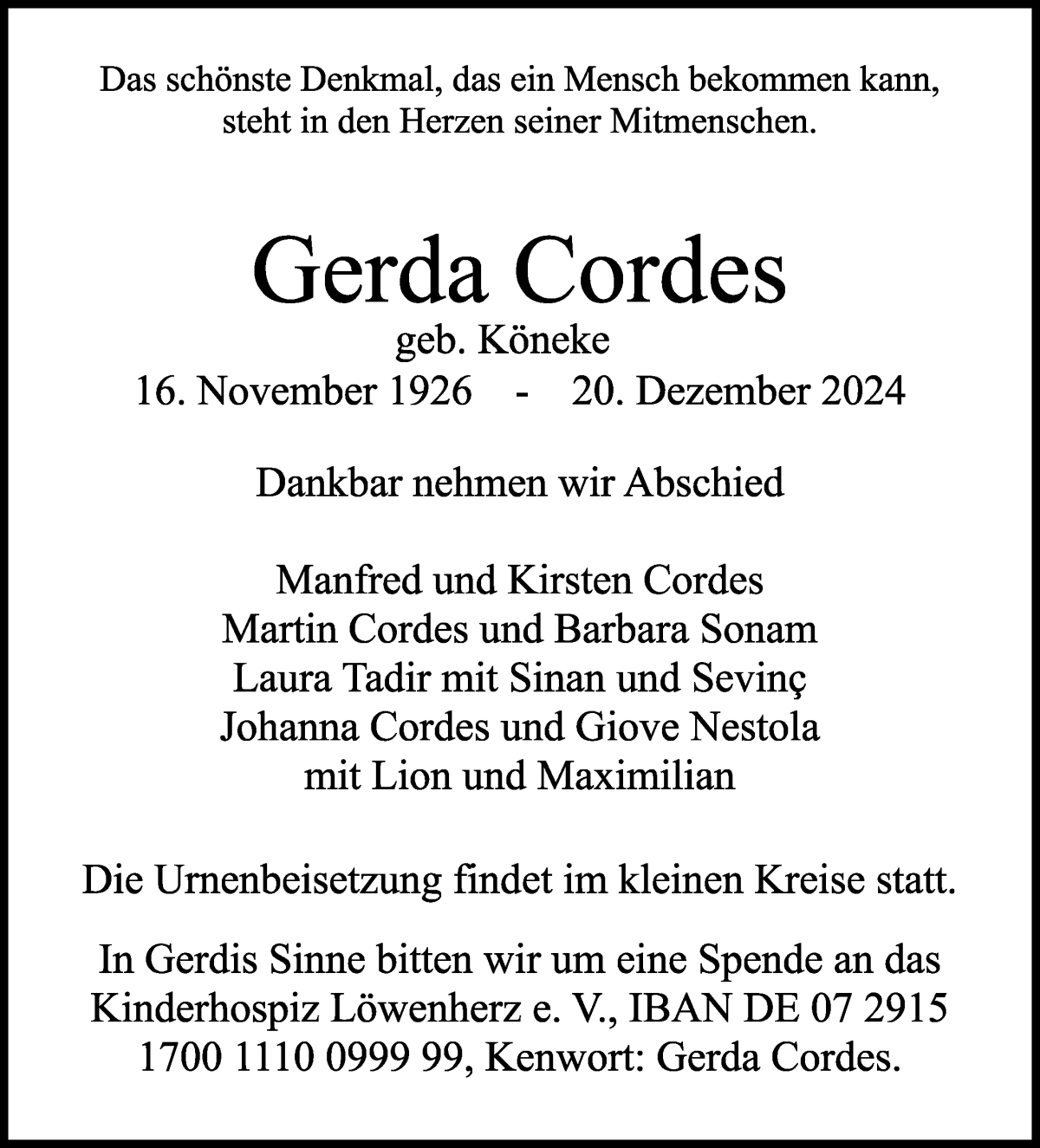 Traueranzeige von Gerda Cordes von Regionale Rundschau/Syker Kurier