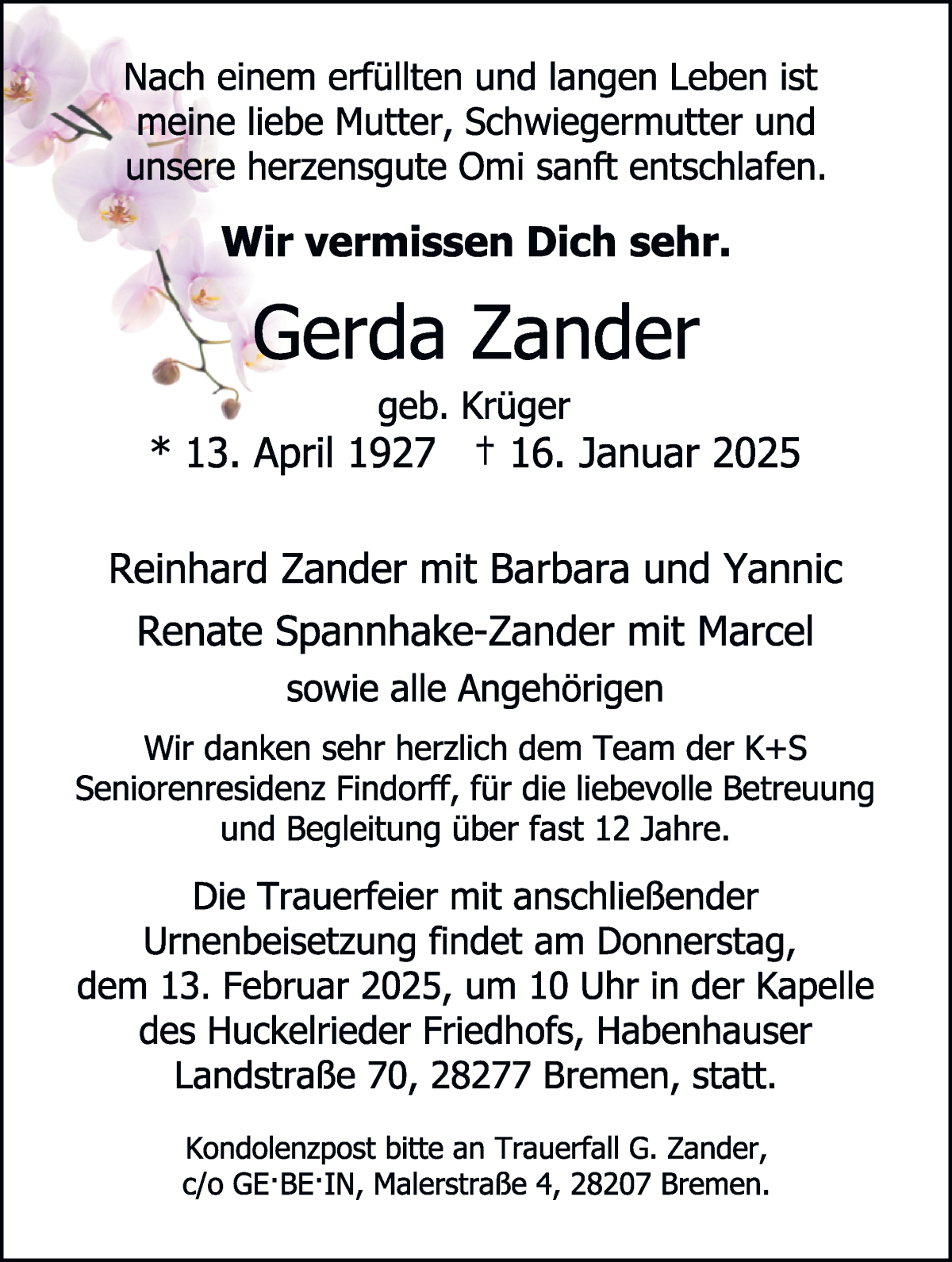 Traueranzeige von Gerda Zander von WESER-KURIER