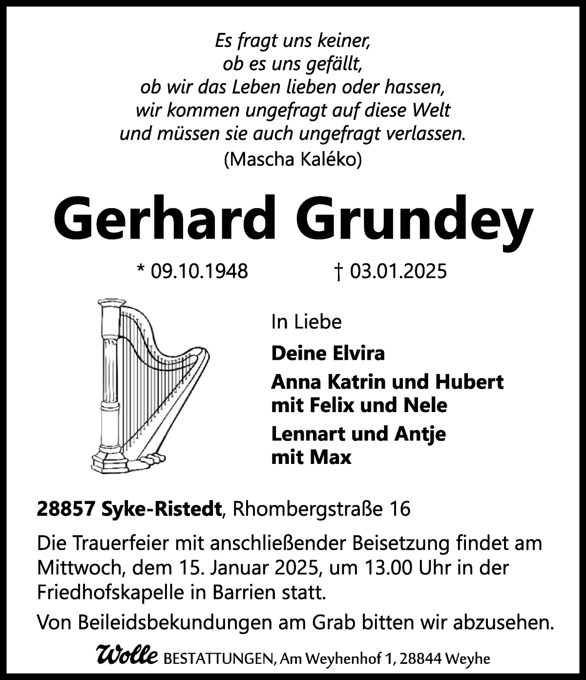 Traueranzeige von Gerhard Grundey von Regionale Rundschau/Syker Kurier